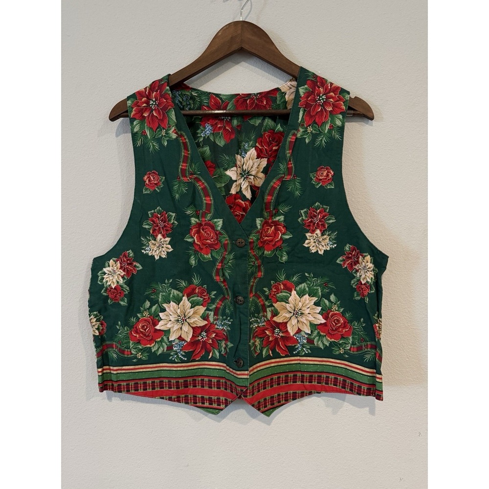 Vintage Christmas Poinsettia Floral Button Front Vest Green Fits L No Size Tag